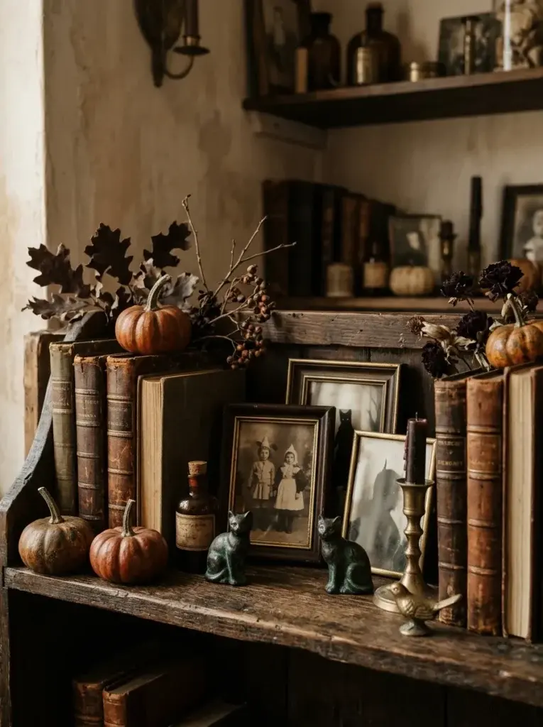 A vintage Halloween bookshelf featuring worn books, miniature pumpkins, black cat ornaments, and aged picture frames.