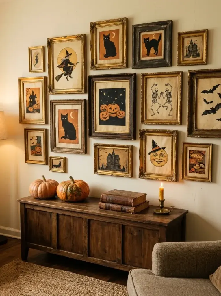 A vintage Halloween gallery wall with antique-style frames, nostalgic illustrations, pumpkins, and a wooden sideboard.