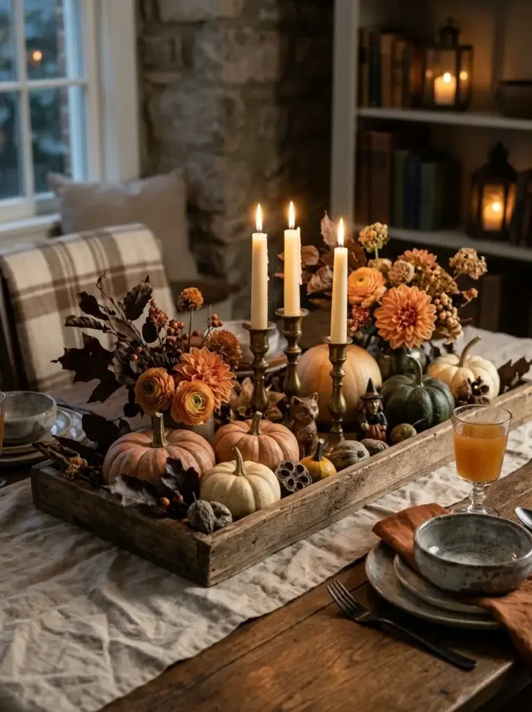 A vintage Halloween table centerpiece featuring traditional pumpkins, antique candleholders, autumn leaves, and neutral linen.