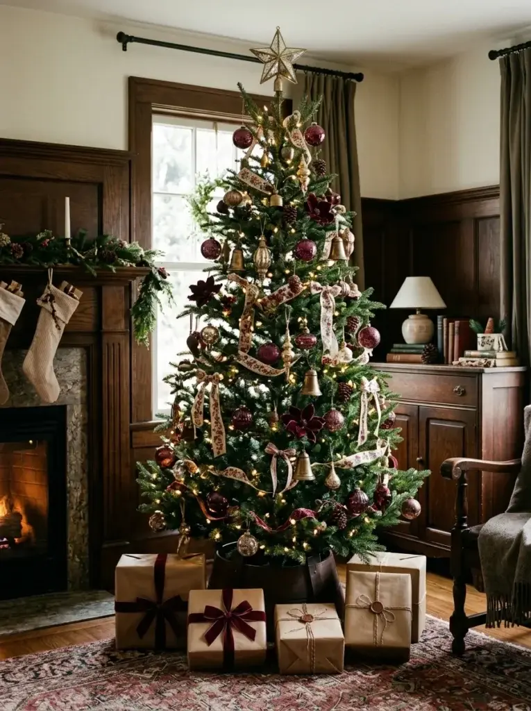 A vintage-inspired burgundy Christmas tree with antique brass bells, traditional glass ornaments, and velvet accents.
