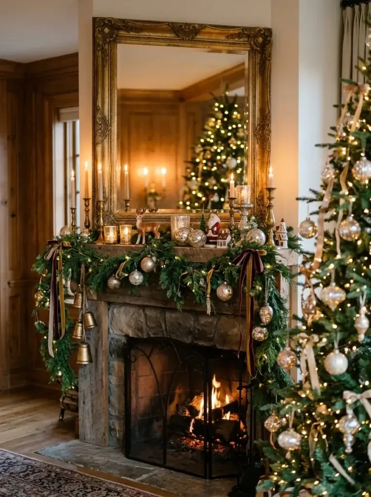 A vintage-inspired Christmas mantel with antique brass bells, aged gold ornaments, evergreen garlands, and glowing candleholders.