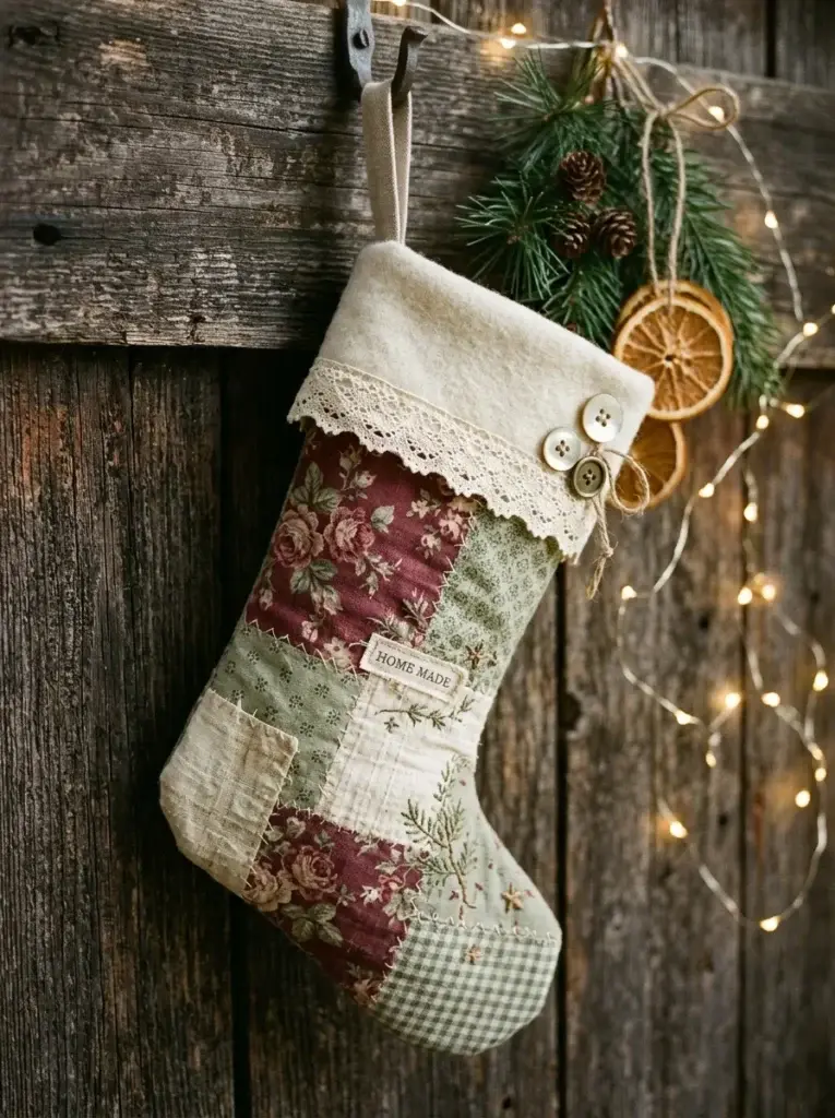 A vintage patchwork Christmas stocking made from burgundy floral cotton, sage-green prints, cream muslin, ivory lace, and decorative buttons.