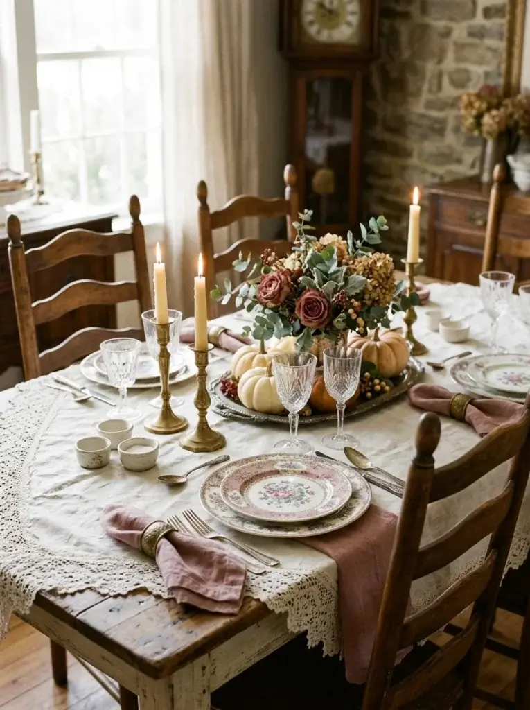A vintage Thanksgiving table featuring mismatched floral porcelain, aged silver flatware, dusty-rose napkins, and antique brass candlesticks.