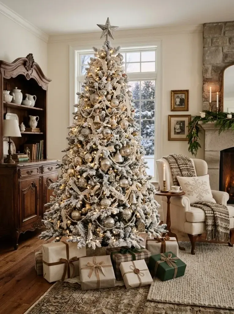 A vintage white Christmas tree with antique silver ornaments, pearl garlands, delicate lace ribbons, and nostalgic glass decorations.
