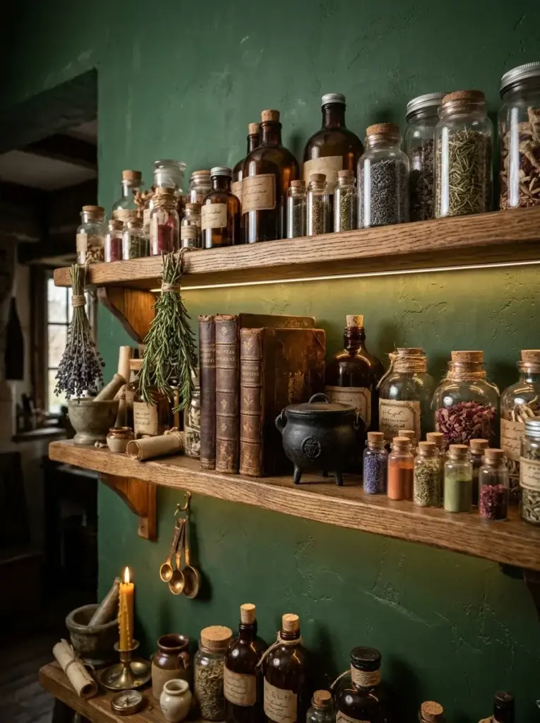 A vintage witchy apothecary shelf with amber bottles, glass jars, dried botanicals, antique brass accessories, and old books.