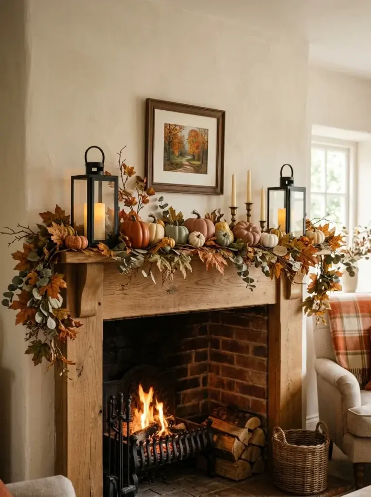 A warm autumn-inspired fireplace mantel decorated with miniature pumpkins, colorful foliage, brass candleholders, and rustic lanterns.