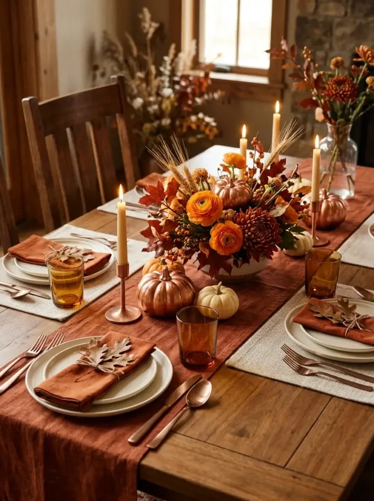 A warm autumn Thanksgiving table with burnt-orange napkins, copper accents, rust-colored flowers, and cream ceramic plates.