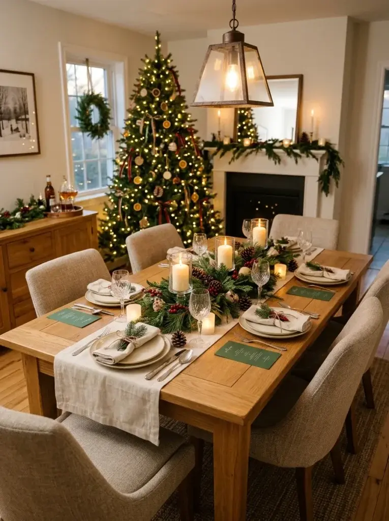 A warm Christmas dining room with layered candlelight, evergreen greenery, cream linens, and subtle plaid accents.