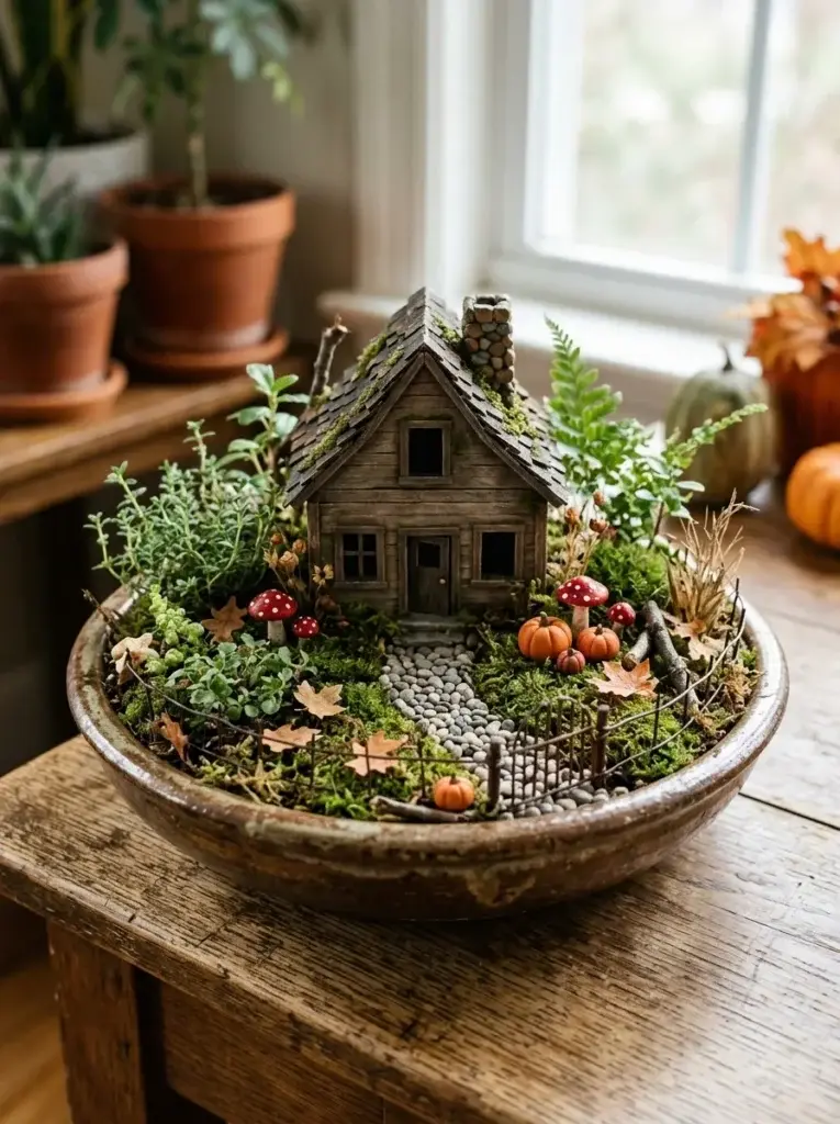 A weathered miniature cottage with a stone chimney, mossy roof, mushrooms, and a curved pebble path.
