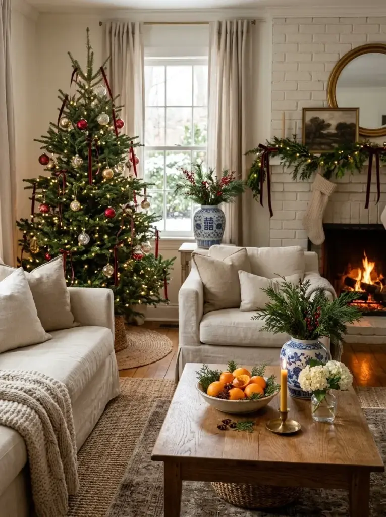 A welcoming Christmas living room with a natural tree, creamy furniture, simple greenery, red ribbons, and blue-and-white ceramics.