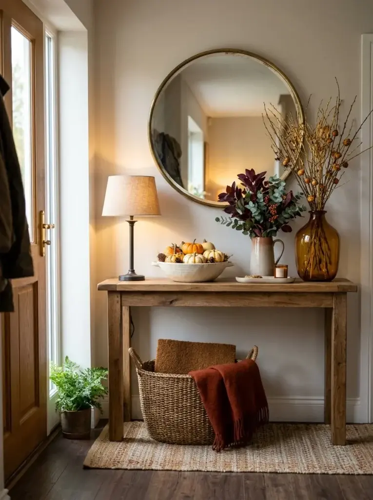 A welcoming Thanksgiving entryway featuring a wooden console, autumn branches, miniature pumpkins, and warm ambient lighting.