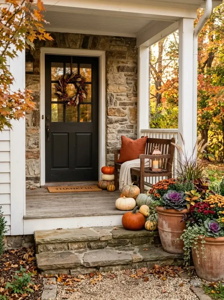A welcoming Thanksgiving porch with colorful pumpkins, ornamental kale, terracotta planters, and a cozy wooden bench.