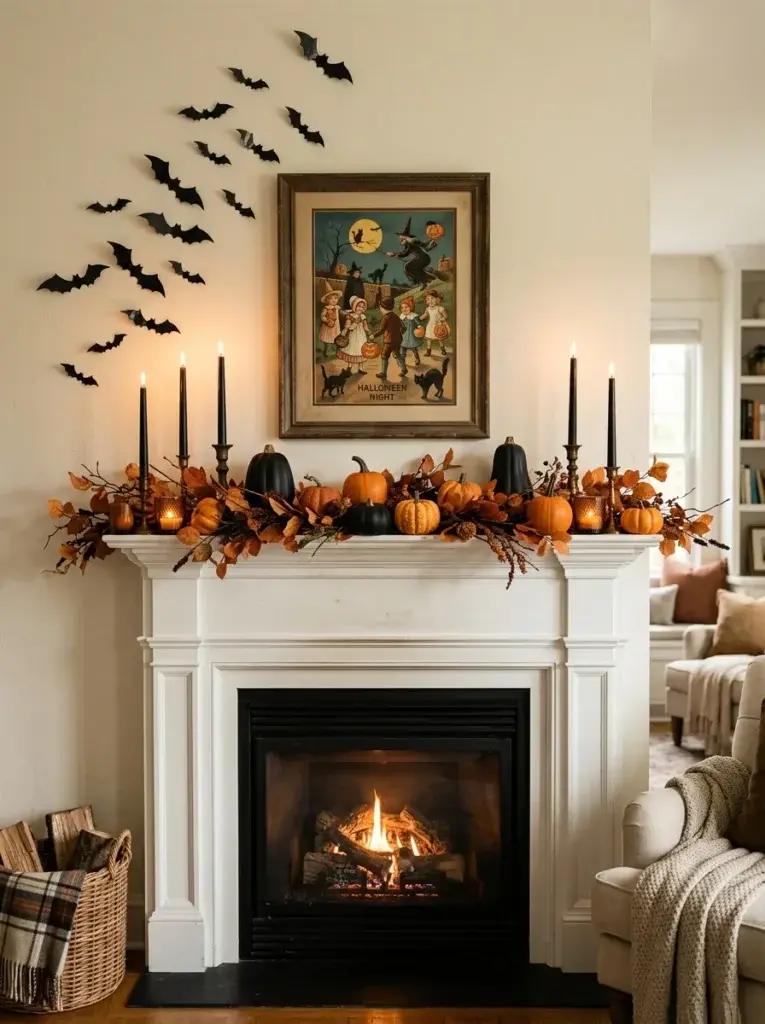A white fireplace dressed with orange pumpkins, black candles, autumn foliage, and delicate bat decorations against a neutral living room wall.