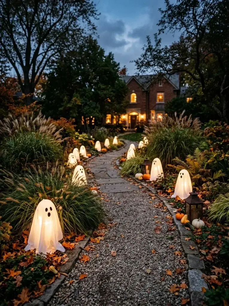 A winding autumn garden path lined with glowing ghost figures, pumpkins, and softly lit lanterns.