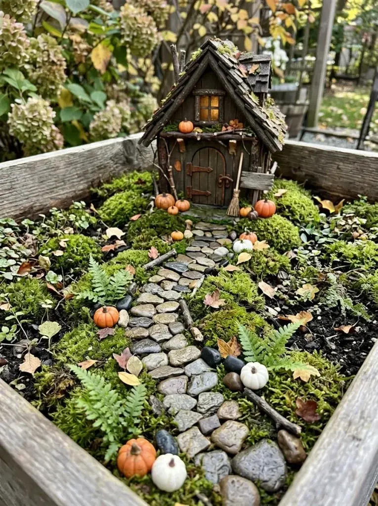 A winding pebble pathway leading through moss and miniature pumpkins toward a weathered fairy house.