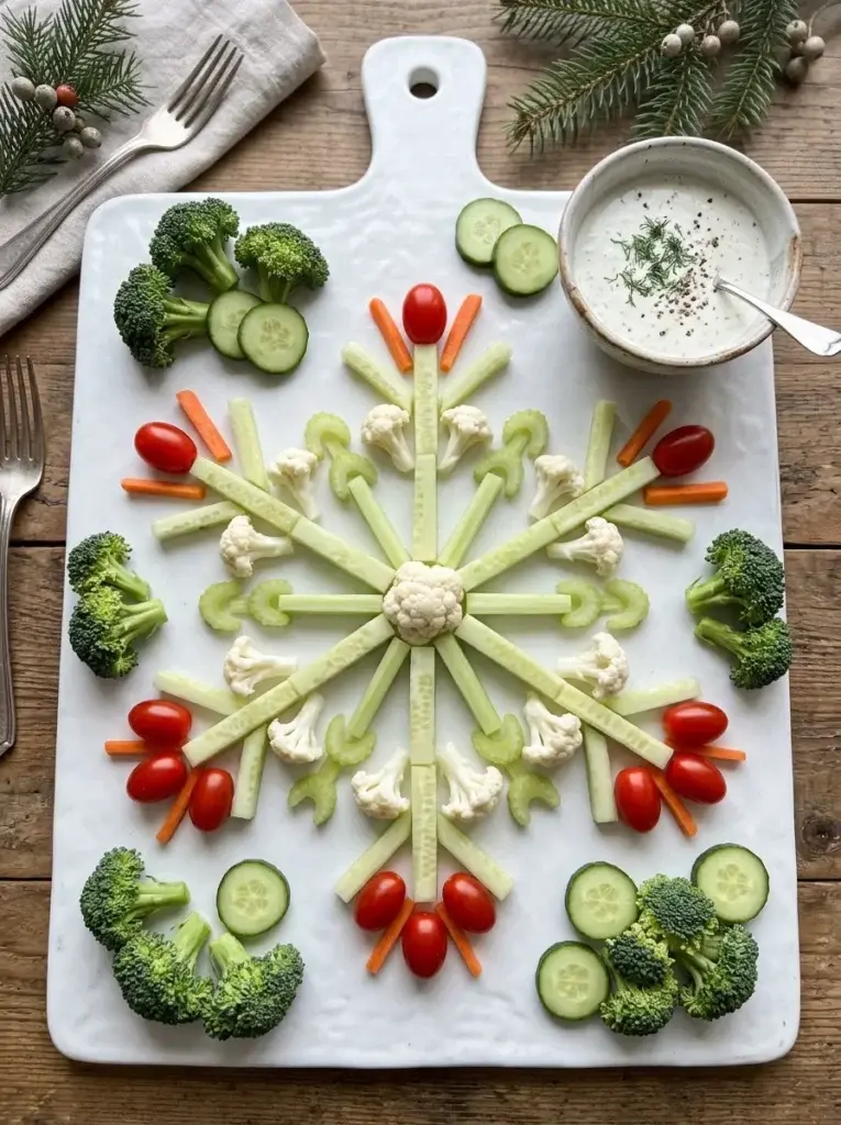 A winter snowflake vegetable platter formed from cucumber sticks, cauliflower, and celery with small red tomato accents.