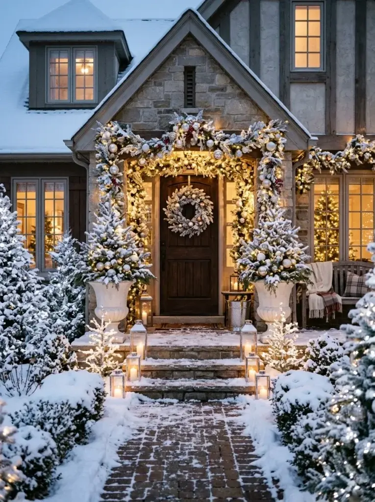 A winter wonderland Christmas entrance with frosted evergreen trees, white lights, silver ornaments, and glowing lanterns.