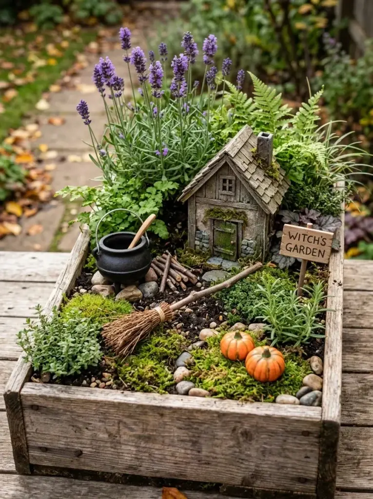 A witch-inspired miniature cottage garden with purple flowers, a tiny cauldron, a broom, and pumpkins.