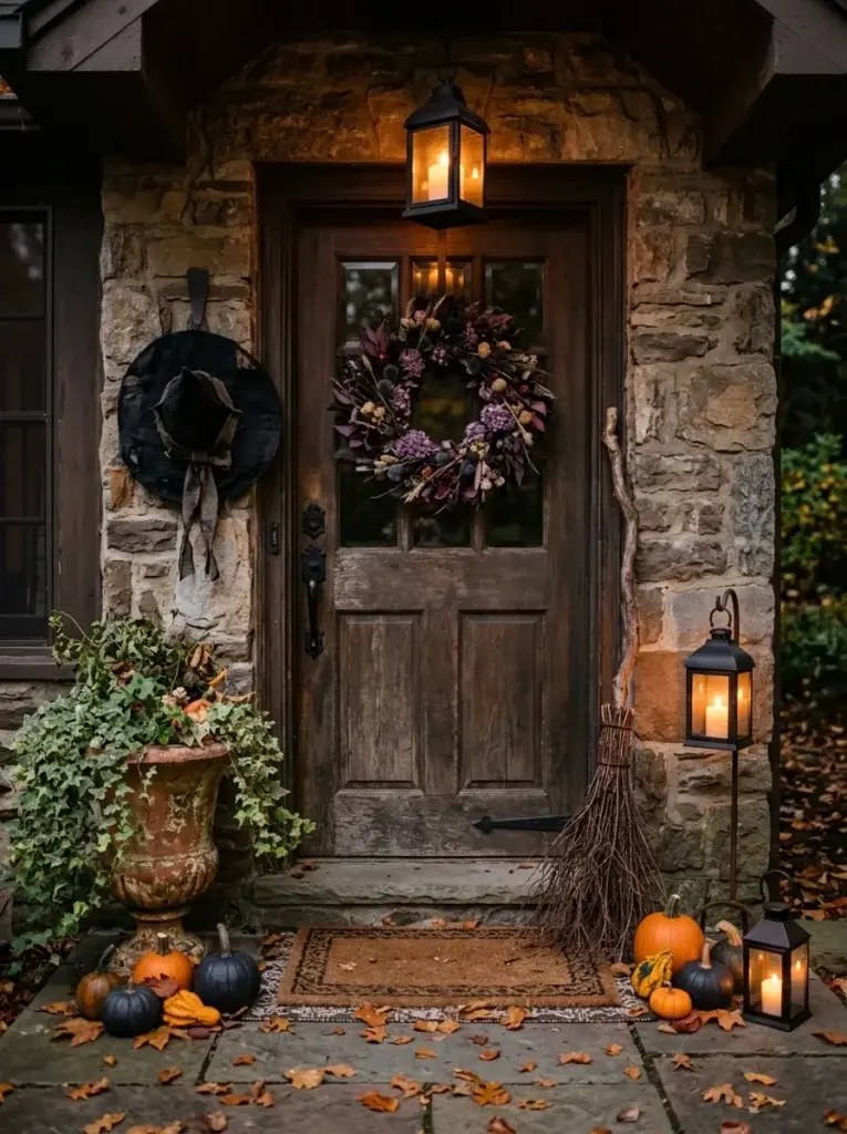 A witchy Halloween entryway featuring a black witch hat, rustic broom, glowing lanterns, autumn pumpkins, ivy, and a purple botanical wreath.
