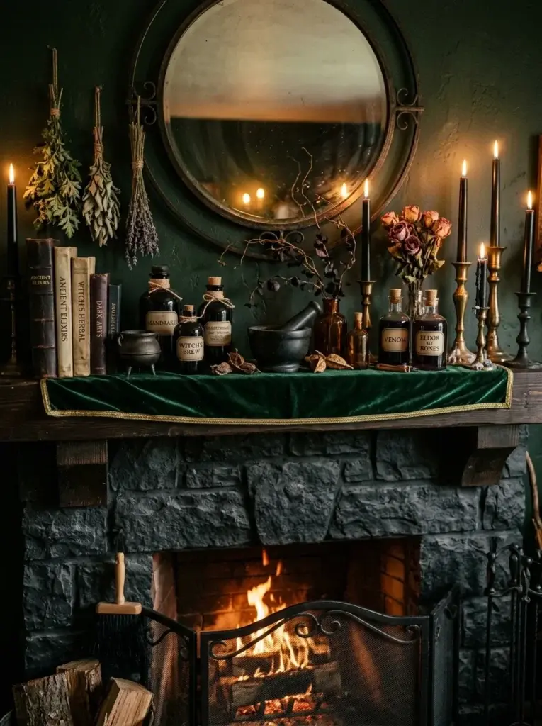 A witchy Halloween mantel arranged with dark potion bottles, old books, dried botanicals, a brass cauldron, and black candles.
