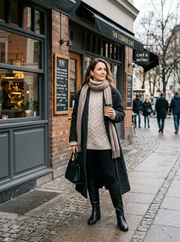 A woman in an oversized oatmeal cable-knit sweater, black leggings, knee-high boots, and a charcoal coat outside a winter café.