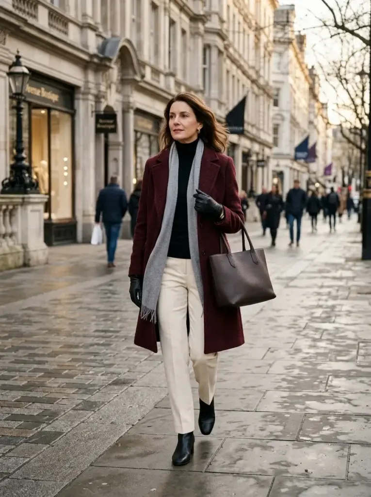 A woman wearing a burgundy wool coat, black knit top, gray scarf, cream tailored trousers, black ankle boots, and a dark-brown handbag on an elegant city avenue.
