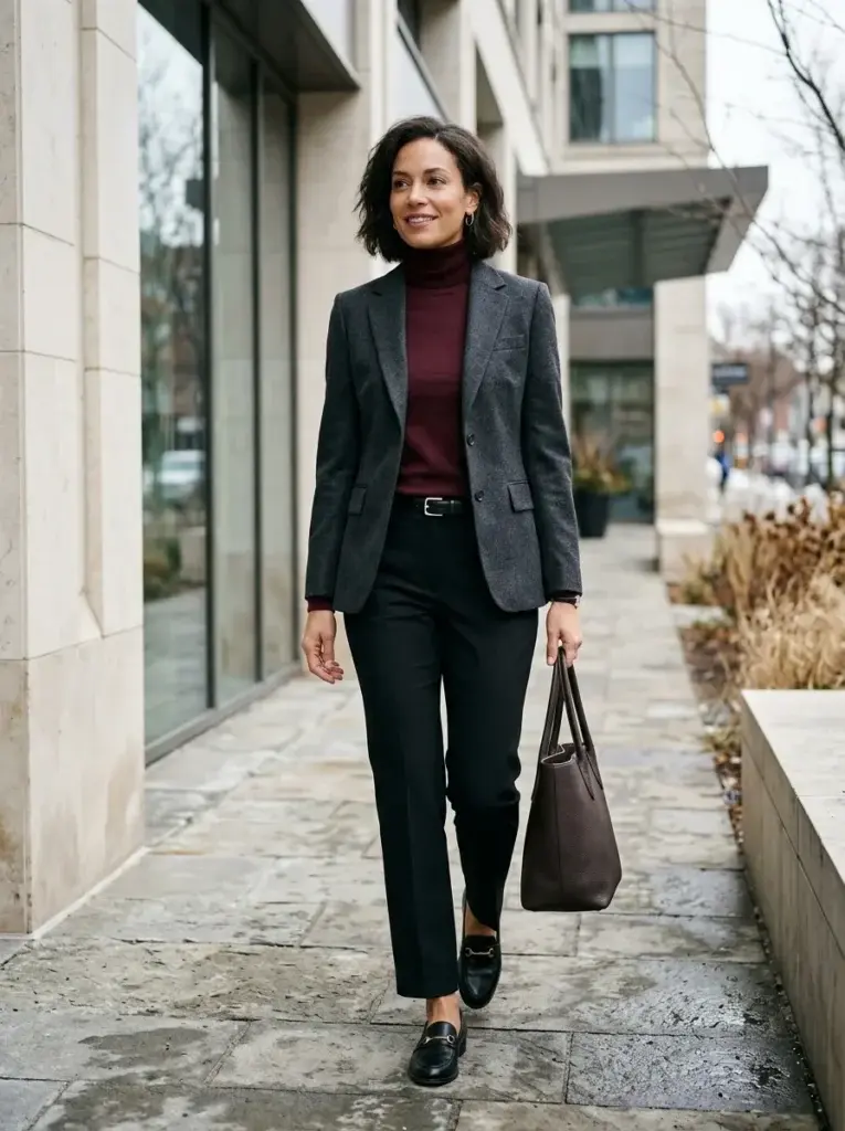 A woman wearing a charcoal blazer, burgundy turtleneck, black tailored trousers, black loafers, and a dark-brown leather tote outside a modern office.
