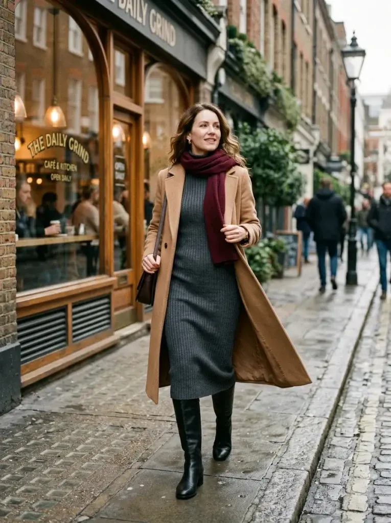 A woman wearing a charcoal ribbed sweater dress, black knee-high boots, a camel wool coat, and a burgundy scarf beside a winter café.