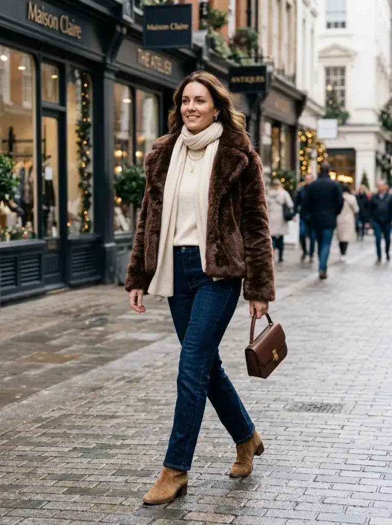A woman wearing a chocolate-brown faux-fur jacket, ivory sweater, dark straight-leg jeans, tan suede ankle boots, and a cream scarf on a winter shopping street.