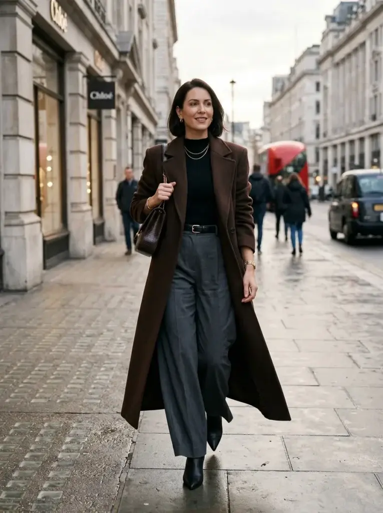 A woman wearing a chocolate-brown long coat, black mock-neck top, charcoal wide-leg trousers, and black pointed ankle boots on a city avenue.
