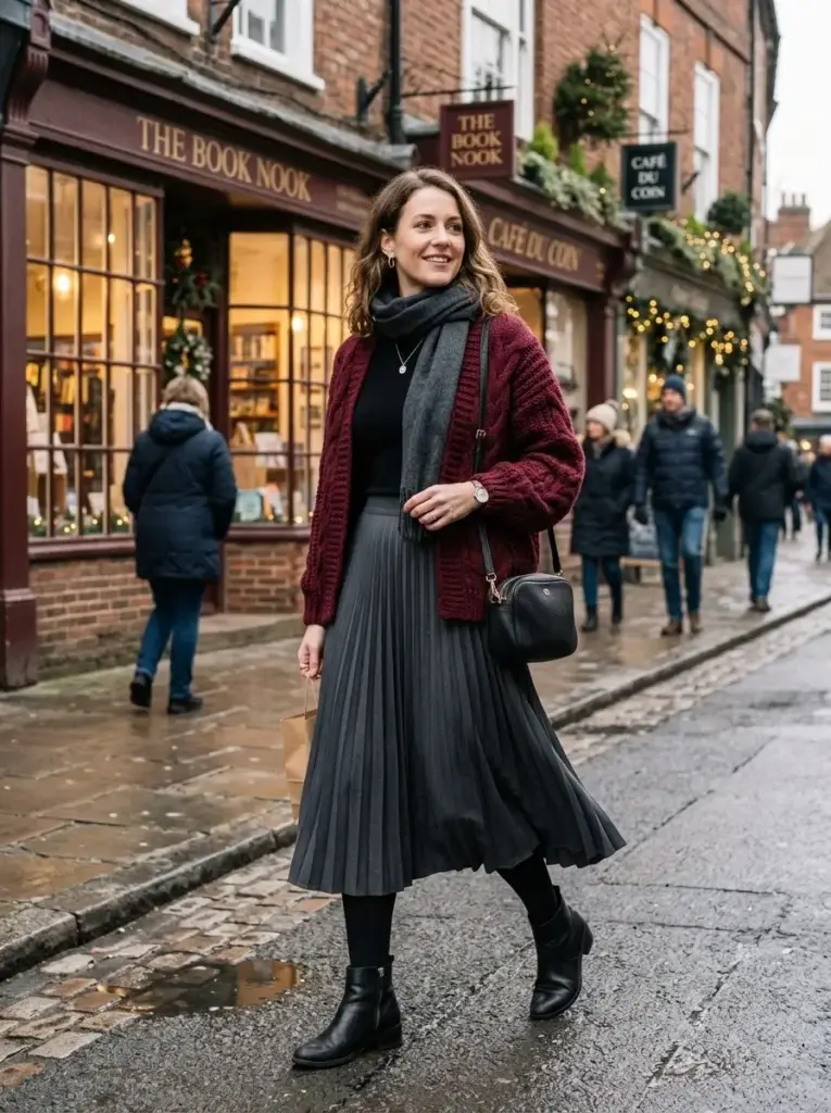 A woman wearing a chunky burgundy cardigan, black fitted top, charcoal pleated midi skirt, black tights, and ankle boots on a winter shopping street.