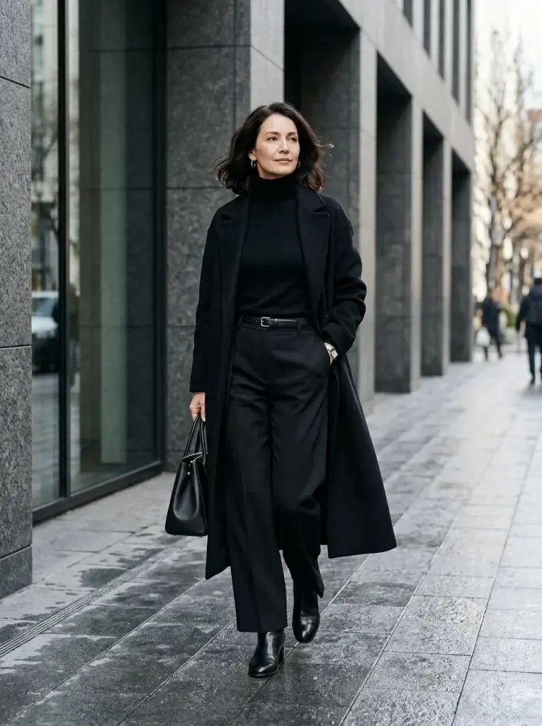 A woman wearing a fitted black turtleneck, wide-leg trousers, a long black wool coat, and black leather ankle boots against a modern stone building.