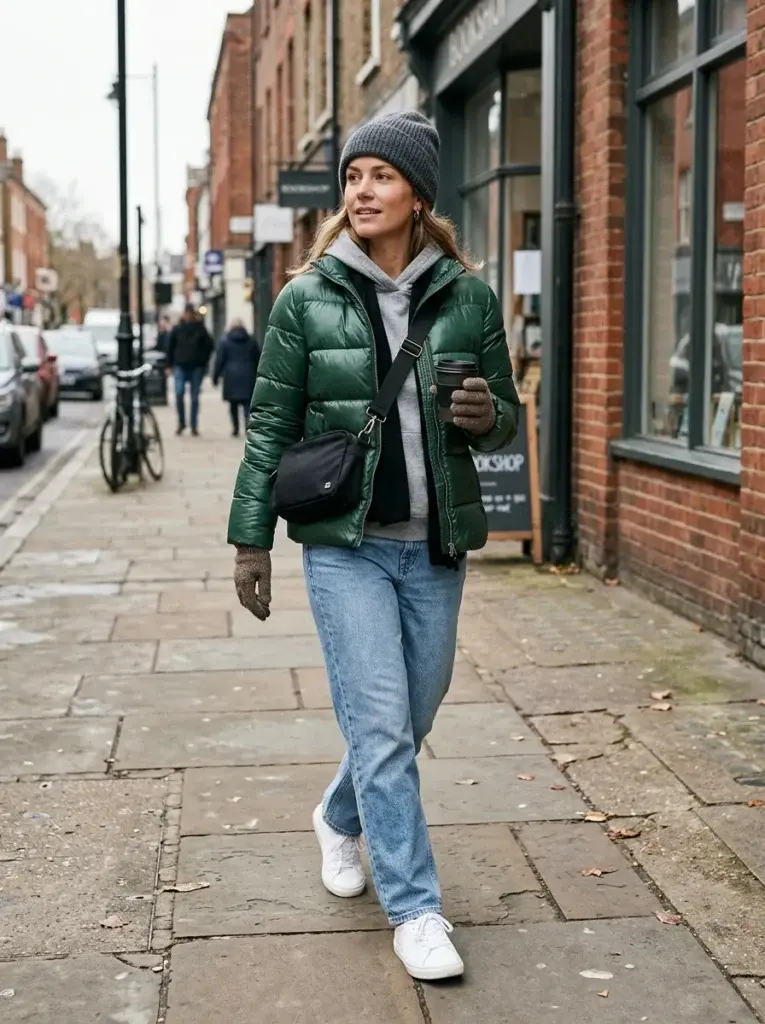 A woman wearing a forest-green puffer jacket, gray sweatshirt, relaxed blue jeans, white sneakers, and a charcoal beanie on a city sidewalk.