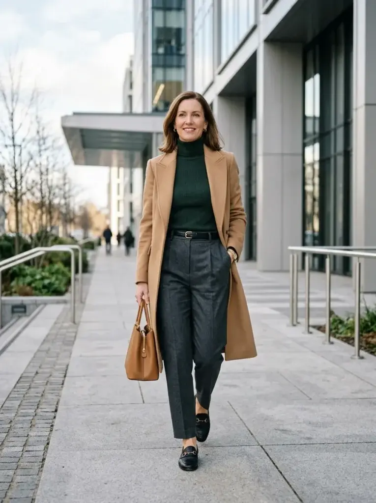 A woman wearing a forest-green turtleneck, charcoal tailored trousers, camel wool coat, black loafers, and a tan handbag outside an office building.