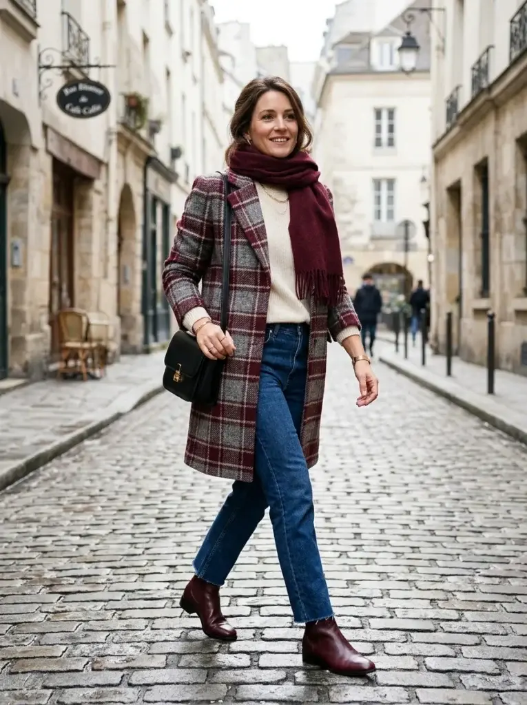 A woman wearing a gray-and-burgundy plaid coat, cream sweater, dark-blue straight-leg jeans, and burgundy ankle boots on a cobblestone street.