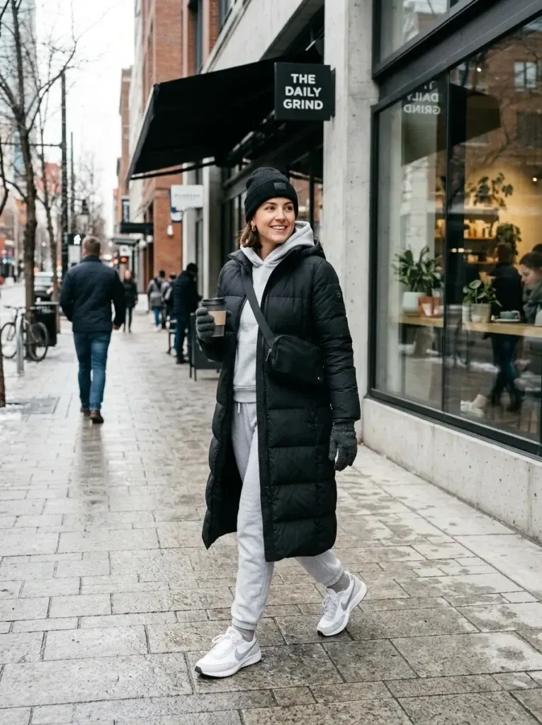 A woman wearing a long black puffer coat, gray hoodie, matching joggers, white-and-gray sneakers, and a black beanie on a city sidewalk.