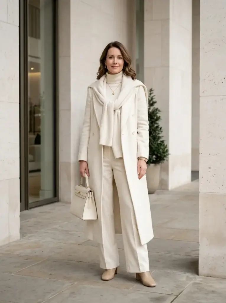 A woman wearing a monochromatic cream outfit with an ivory turtleneck, wide-leg trousers, an off-white coat, and beige ankle boots.