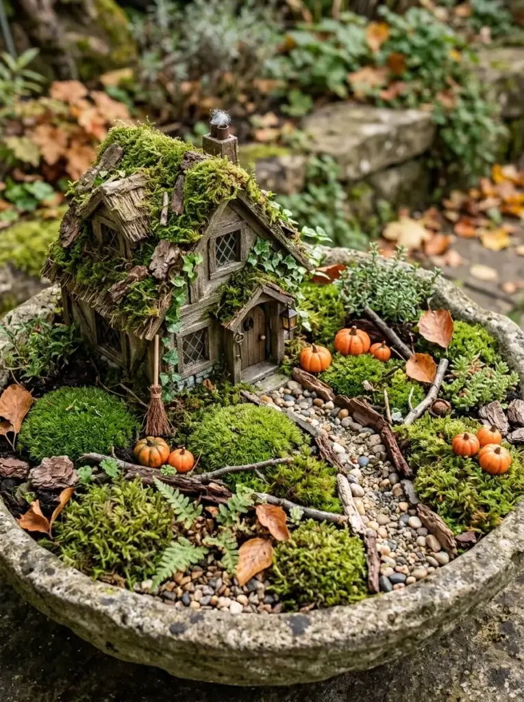 A woodland-style Halloween fairy garden with a weathered cottage, lush moss, bark, tiny pumpkins, and natural stones.