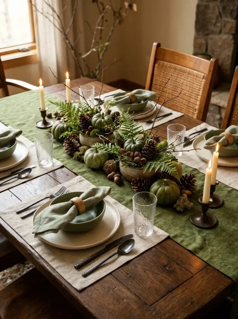 A woodland Thanksgiving tablescape with moss-green linens, green pumpkins, pinecones, fern foliage, and cream stoneware.