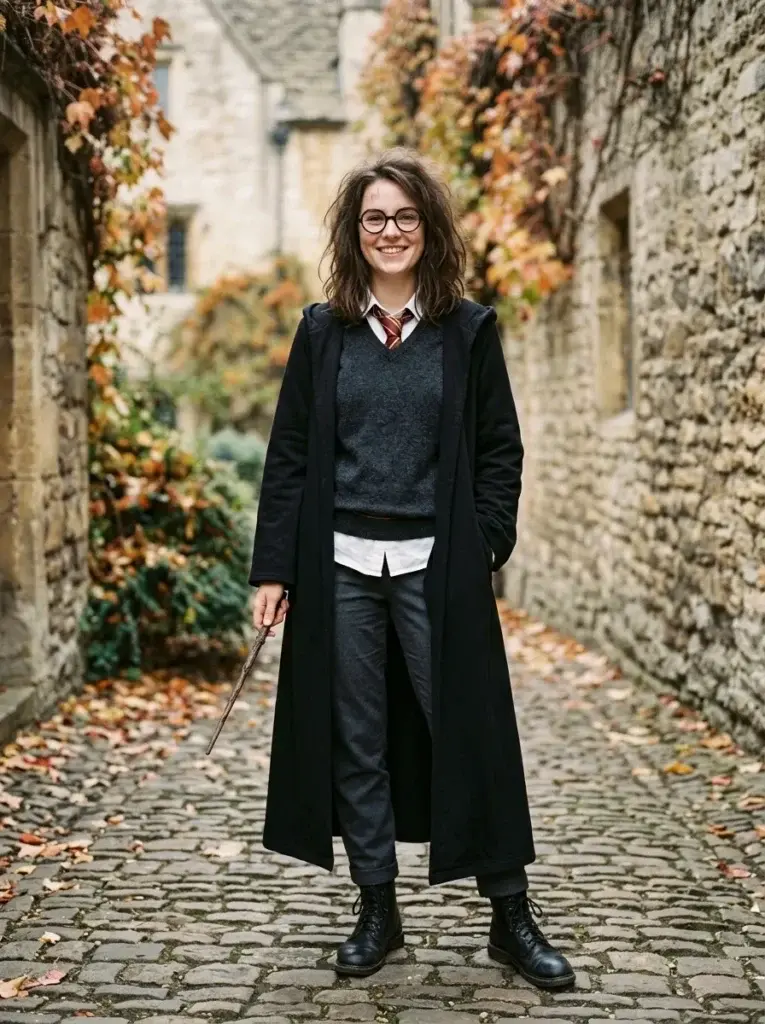 A young adult wearing a black wizard robe, round glasses, striped tie, white shirt, and dark trousers inspired by Harry Potter.