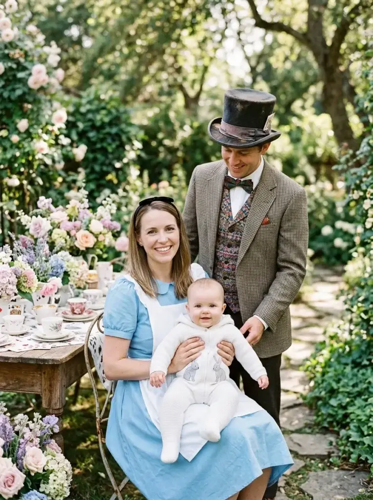 Alice and Mad Hatter-inspired parents with their baby wearing a white rabbit-themed Halloween sleeper.