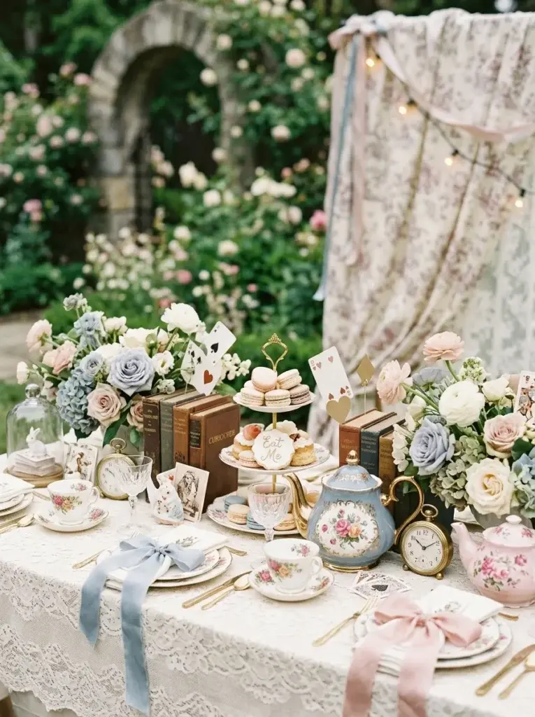 Alice in Wonderland baby shower tea party with vintage teacups, floral teapots, and pastel decorations.