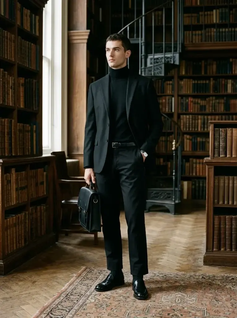 All-black dark academia outfit featuring a fitted turtleneck, tailored blazer, straight-leg trousers, and leather loafers.