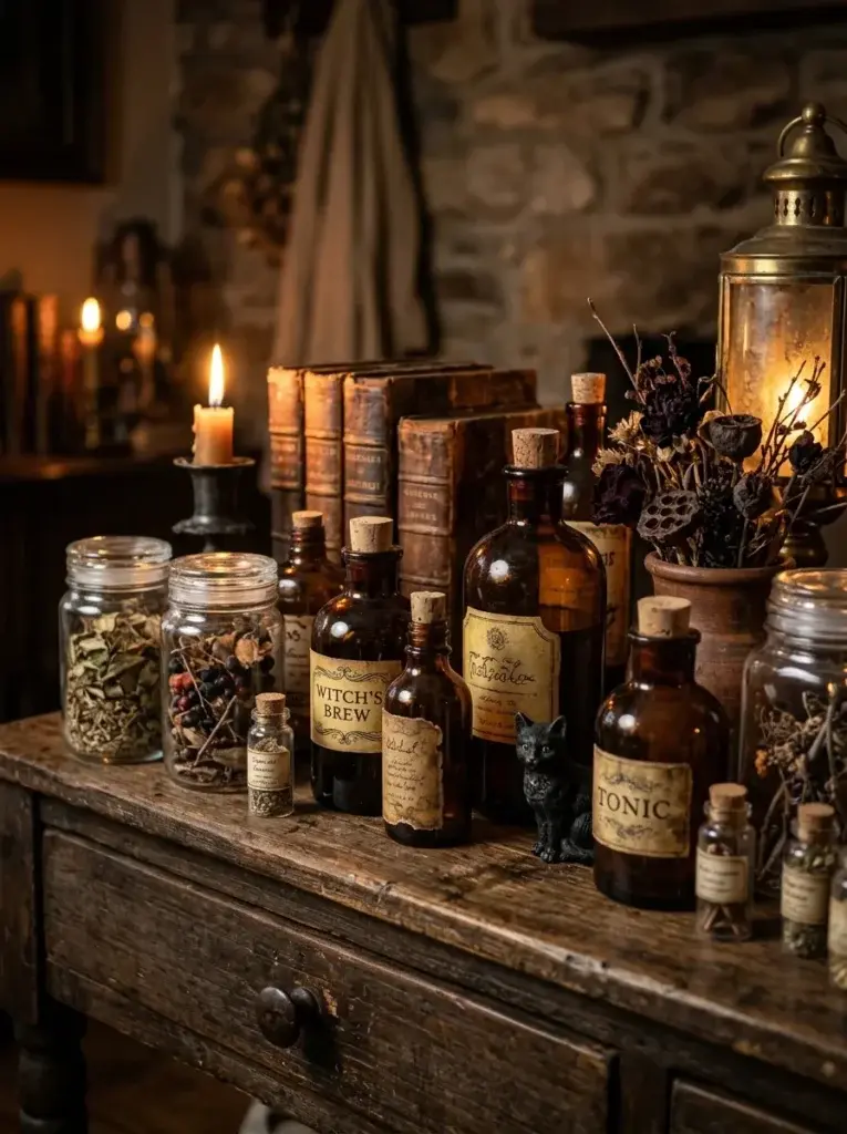 Amber glass bottles and antique-style jars arranged with old books, dried botanicals, and Halloween curiosities.