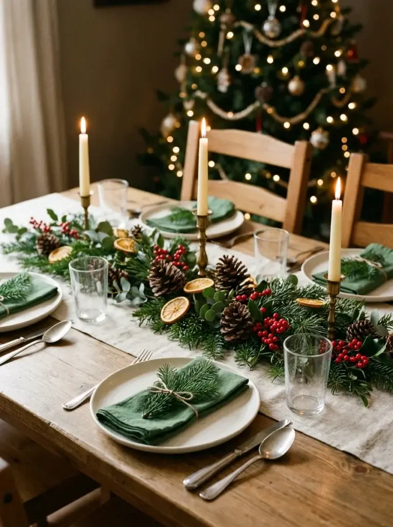 An affordable Christmas dining table with evergreen branches, pinecones, dried orange slices, ivory candles, and green linen napkins.