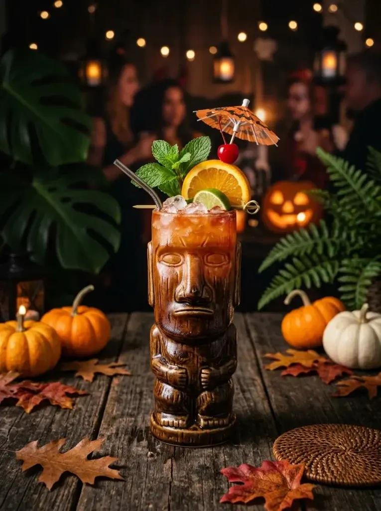 An amber-red Zombie cocktail with citrus wheels, mint, cherries, and moody Halloween-inspired tropical styling.