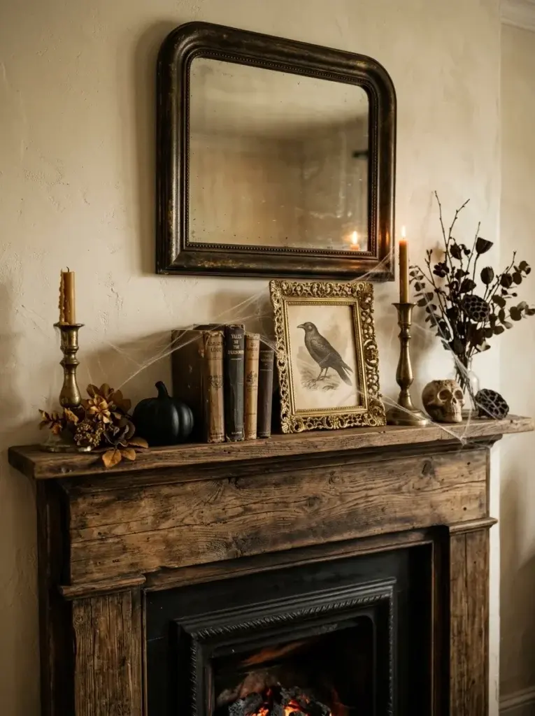 An antique Halloween mantel with fine cobweb accents, aged picture frames, old books, brass candlesticks, and dark pumpkins.