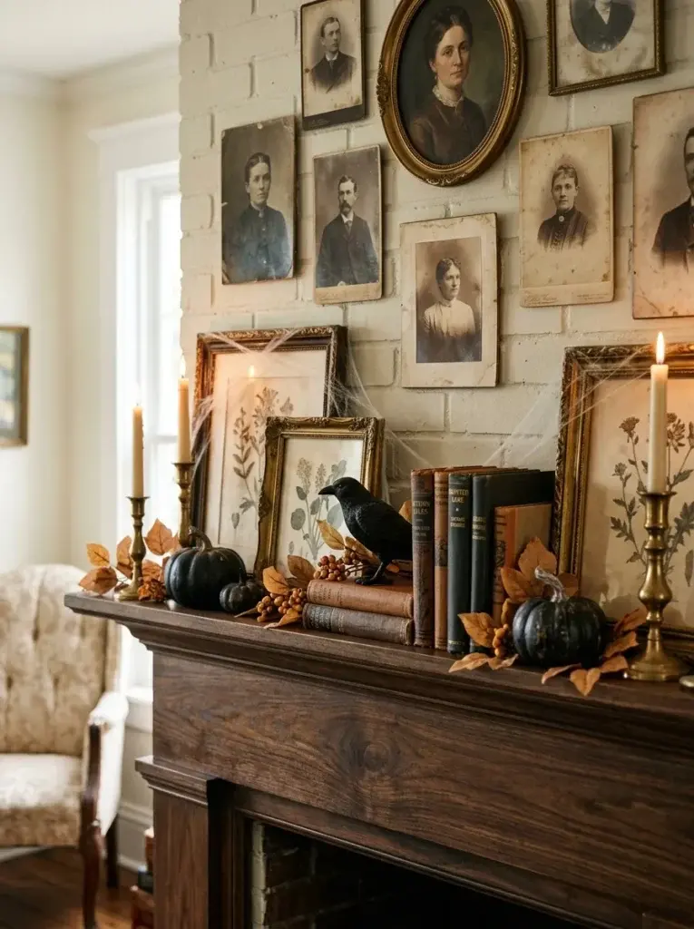 An antique-inspired Halloween fireplace mantel with aged portrait frames, vintage books, brass candlesticks, and miniature black pumpkins.