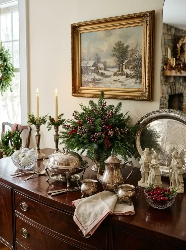 An antique silver tray, crystal bowls, ivory porcelain figurines, silver candlesticks, and evergreen branches decorate a polished mahogany Christmas sideboard.