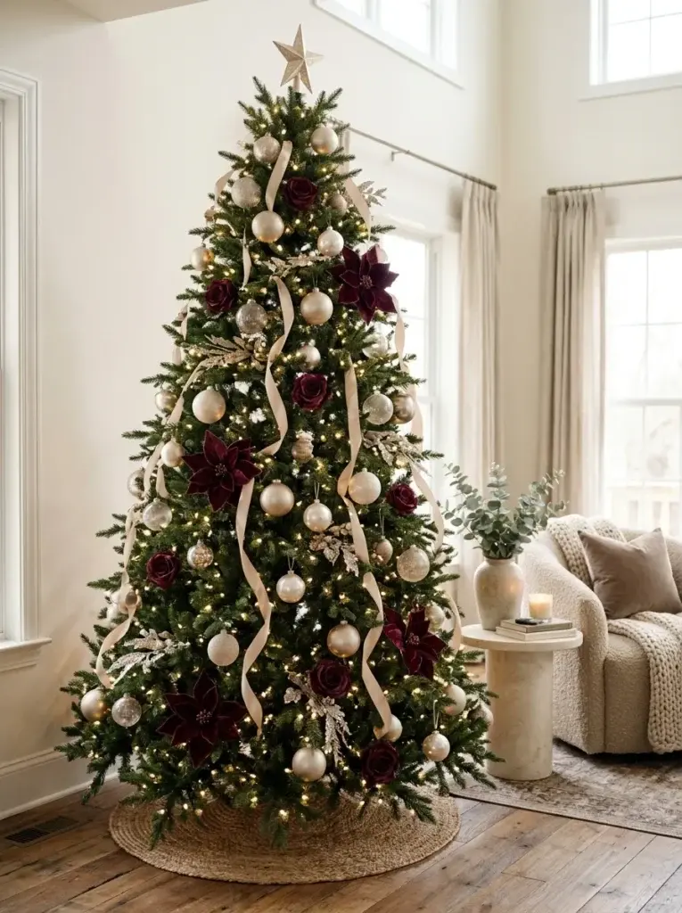An elegant burgundy and champagne Christmas tree with pearl-finish baubles, soft gold ribbon, and delicate frosted branches.